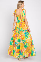 Yellow Tropical Print Smocked Tie Sleeve Maxi Dress