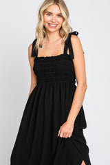 Black Textured Smocked Shoulder Tie Maxi Dress