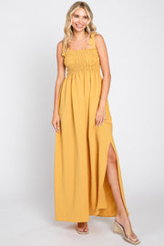 Yellow Textured Smocked Shoulder Tie Maxi Dress