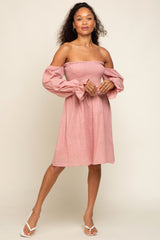 Pink Smocked Off Shoulder Long Sleeve Dress