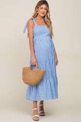 Blue Checkered Sleeveless Tiered Maternity Maxi Dress