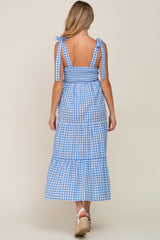 Blue Checkered Sleeveless Tiered Maternity Maxi Dress