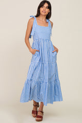 Blue Checkered Sleeveless Tiered Maternity Maxi Dress