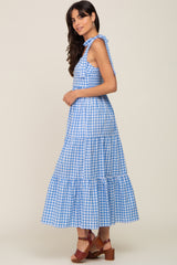 Blue Checkered Sleeveless Tiered Maxi Dress