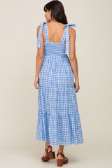 Blue Checkered Sleeveless Tiered Maxi Dress