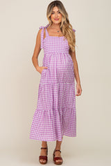 Lavender Checkered Sleeveless Tiered Maternity Maxi Dress