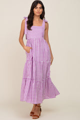 Lavender Checkered Sleeveless Tiered Maternity Maxi Dress