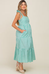 Green Checkered Sleeveless Tiered Maternity Maxi Dress