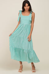 Green Checkered Sleeveless Tiered Maternity Maxi Dress