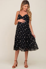 Black Floral Button Tiered Maternity Midi Dress