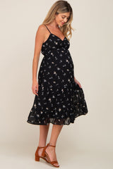 Black Floral Button Tiered Maternity Midi Dress