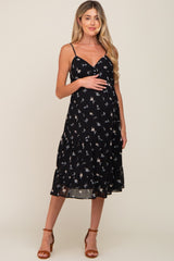 Black Floral Button Tiered Maternity Midi Dress