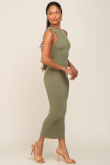 Olive Ribbed Back Cutout Fitted Midi Dress