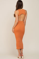 Rust Ribbed Back Cutout Fitted Maternity Midi Dress