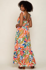 Orange Multi-Color Palm Print Shoulder Tie Maxi Dress