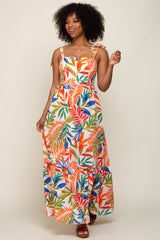 Orange Multi-Color Palm Print Shoulder Tie Maxi Dress