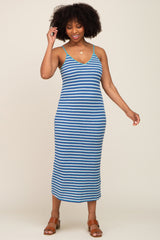 Blue Striped Crochet Knit Midi Dress