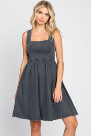 Black Smocked Square Neck Denim Dress