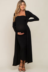 Black Ribbed Sleeveless Dress Cardigan Maternity Set