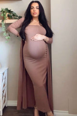 Mocha Ribbed Sleeveless Dress Cardigan Maternity Set