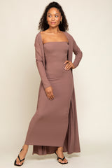 Mocha Ribbed Sleeveless Dress Cardigan Maternity Set