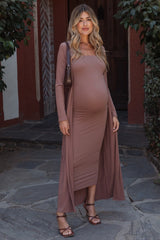 Mocha Ribbed Sleeveless Dress Cardigan Maternity Set