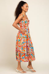 Orange Multi-Color Floral Sleeveless Tiered Midi Dress