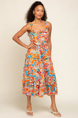 Orange Multi-Color Floral Sleeveless Tiered Midi Dress