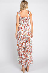 Cream Floral Smocked Shoulder Tie Tiered Maxi Dress