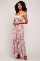 Light Blue Floral Smocked Shoulder Tie Tiered Maternity Maxi Dress