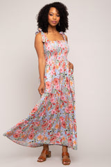 Light Blue Floral Smocked Shoulder Tie Tiered Maxi Dress