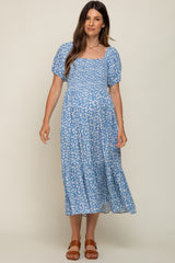 Blue Floral Smocked Short Sleeve Maternity Midi Dress