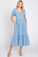 Blue Floral Smocked Short Sleeve Maternity Midi Dress