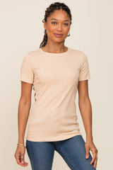 Beige Ribbed Short Sleeve Top