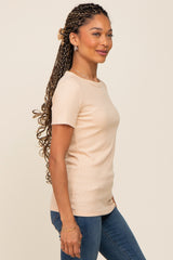 Beige Ribbed Short Sleeve Top