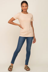 Beige Ribbed Short Sleeve Top