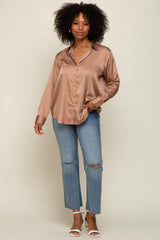 Camel Metallic Stripe Satin Long Sleeve Blouse