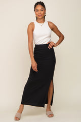 Black Ribbed Side Slit Midi Skirt