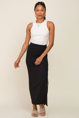 Black Ribbed Side Slit Midi Skirt