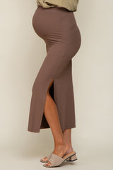 Mocha Ribbed Side Slit Maternity Midi Skirt