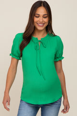 Green Ruffle Accent Tie Front Maternity Blouse