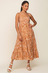 Rust Floral Tiered Midi Dress