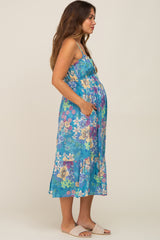 Teal Floral Shirred Maternity Midi Dress