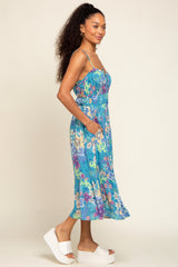 Teal Floral Shirred Midi Dress