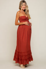 Rust Smocked Cutout Back Maternity Maxi Dress