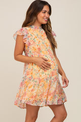 Orange Floral Chiffon Tiered Maternity Dress