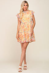 Orange Floral Chiffon Tiered Dress