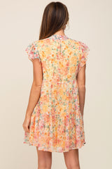 Orange Floral Chiffon Tiered Dress