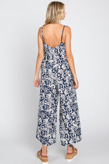 Navy Blue Floral Wide Leg Crop Jumpsuit