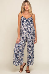 Navy Blue Floral Wide Leg Crop Maternity Jumpsuit